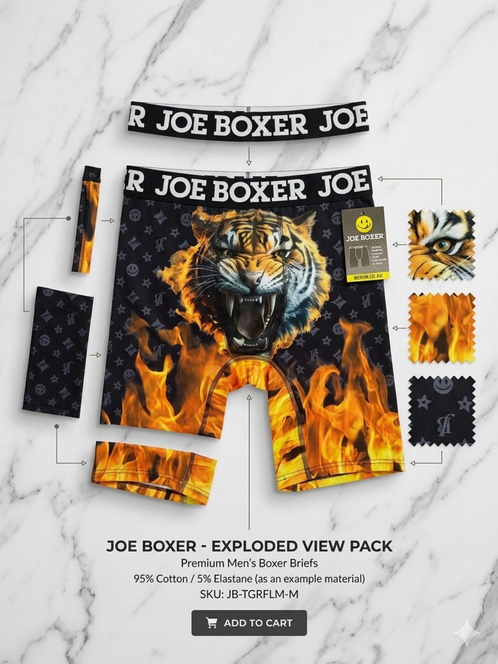 Joe Boxer Flaming Tiger Print Boxer Shorts - Black & Orange